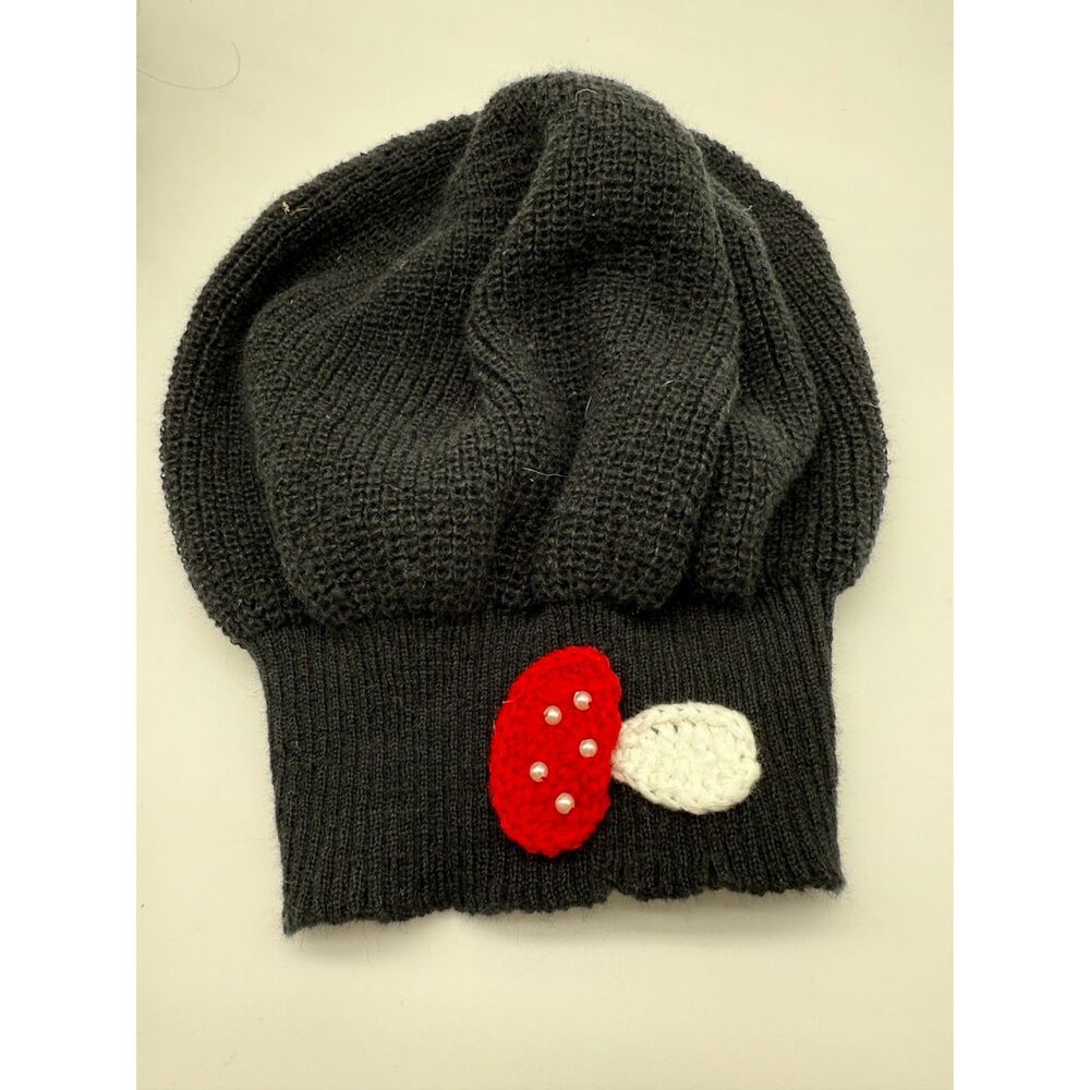 Black Knitted Beanie Hat with  Mushroom Embellishment